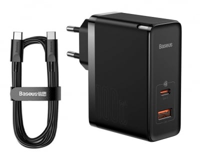 Зарядно Baseus GaN USB-C + USB, 100W ултра бързо с кабел