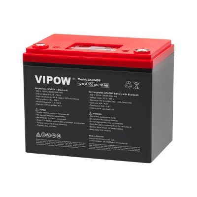 Акумулаторна батерия тягова VIPOW 12V 100Ah, LiFePO4, Bluetooth и дисплей