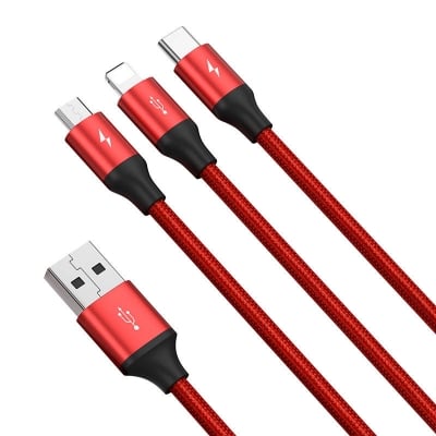 Кабел 3 в 1 USB-Micro USB+Lightning+USB-C BASEUS, червен 1.2 метра