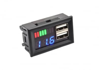 Тестер индикатор на капацитет на батерии 12V, волтметър, зарядно USB 5Vx2A