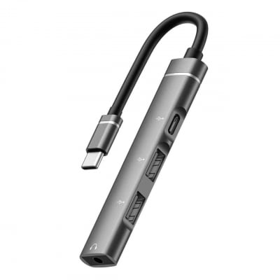 Преход, кабел OTG, USB Type-C мъжки към 2хUSB 3.0 женско, USB Type-C PD женско и 3,5 мм жак за слушалки