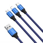 Кабел 3 в 1 USB-Micro USB+Lightning+USB-C BASEUS, син 1.2 метра